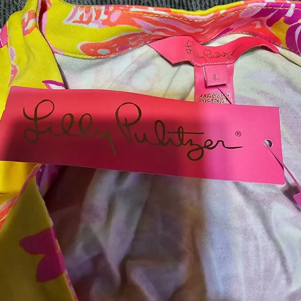 Lilly Pulitzer Folly Floral Wrap Dress Calla Yellow Floral Coral Sleeveless Sz L - Picture 5 of 12